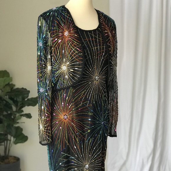 VTG Rina Z 100% Silk Rainbow Beaded Dress Set - Picture 3 of 12